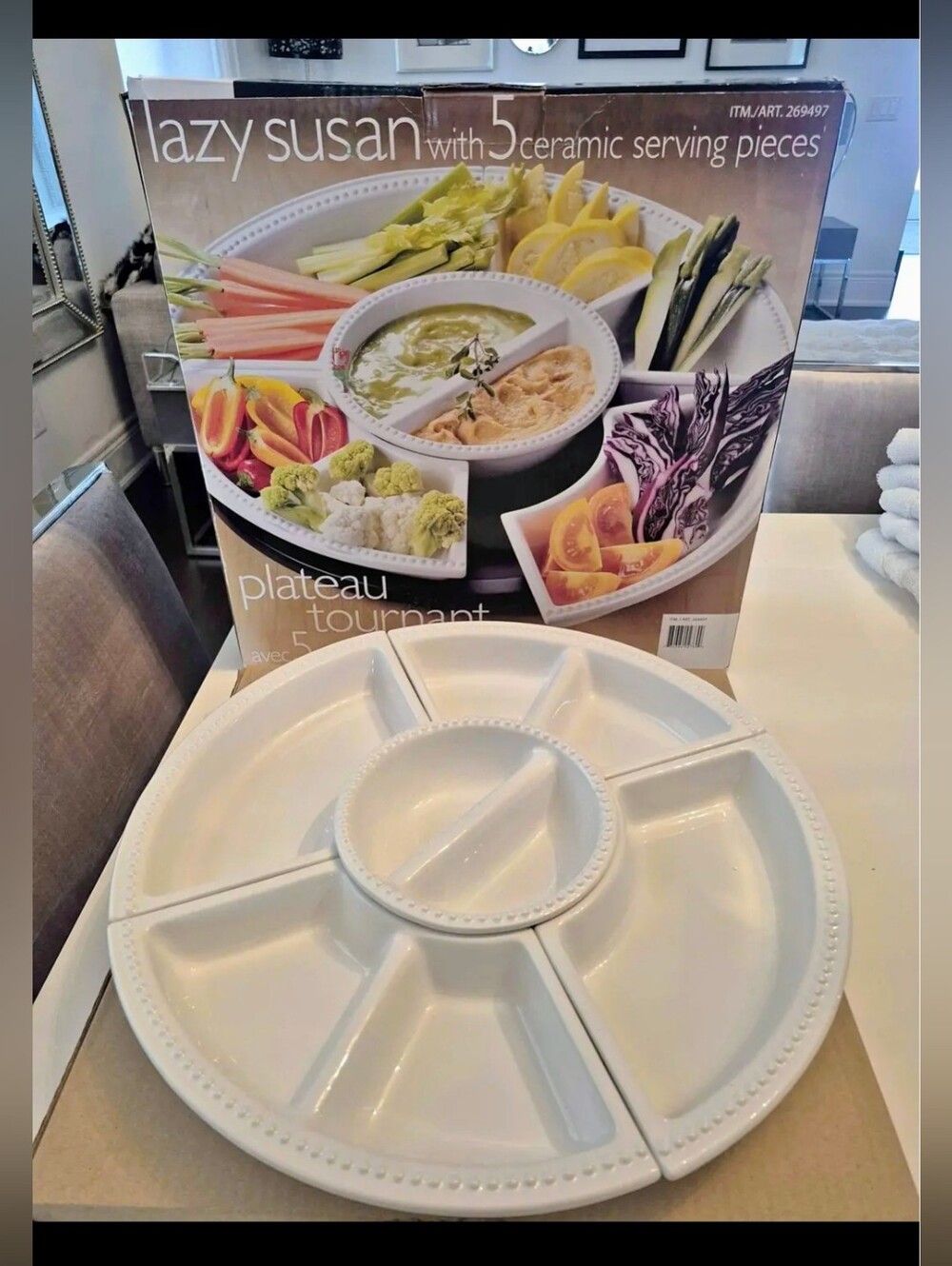 Lazy Susan Ceramic 6 Piece Serving Platter Appetizer White